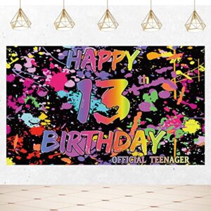 joyiou glow in the dark happy 13th birthday decorations backdrop banner for girls boys, official teenager paint splatter graffiti birthday party colorful neon sign supplies photo booth props (5x3ft)