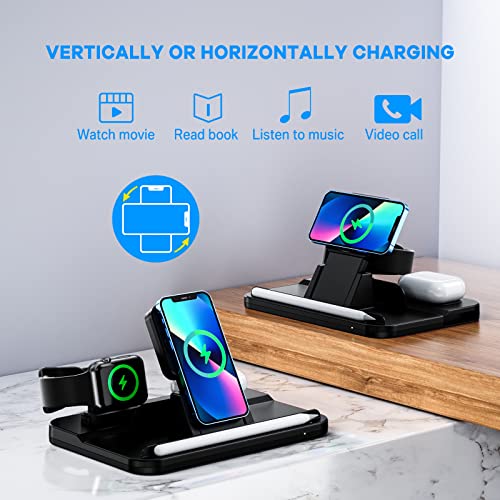 Magnetic Wireless Charger, 4 in 1 Wireless Charging Station for iPhone 14/13/12 Pro/Pro Max/Mini，Detachable Wireless Charging Stand for iWatch SE/6/5/4/3/2,Airpods 3/2/Pro,Pencil 2（With QC3.0 Adapter）