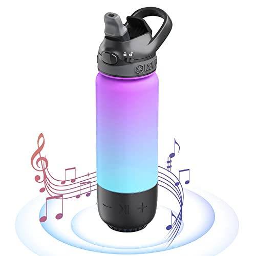 ICEWATER 3-in-1 Bluetooth Speaker+Smart Water Bottle+Dancing Lights, Portable Wireless Speaker, Glows to Remind You to Keep Hydrated, 20 oz, Auto Straw Lid, Leak-Proof (Black)