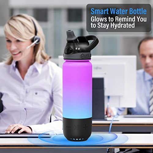 ICEWATER 3-in-1 Bluetooth Speaker+Smart Water Bottle+Dancing Lights, Portable Wireless Speaker, Glows to Remind You to Keep Hydrated, 20 oz, Auto Straw Lid, Leak-Proof (Black)