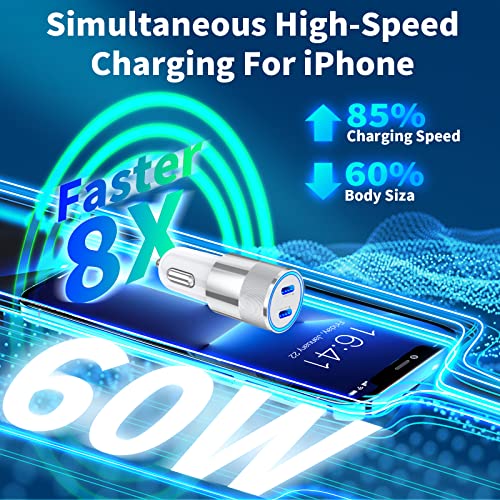 [Apple MFi Certified] iPhone Car Charger, KYOHAYA 60W Dual PD USB-C Power PPS Super Fast Car Charger with 2 Pack Type C to Lightning Quick Charging Cable for iPhone 14/13/12/11/XS/XR/X/SE/iPad/AirPods