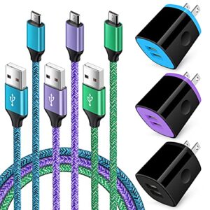 android phone wall charger cube block with micro usb cable compatible for moto e, g, g5 plus/e5 play e6 e4, samsung galaxy note 5/4 s7 s6 j8 j7 j7v j3v, tablet, usb a nylon bradied cord 6ft 3 pack