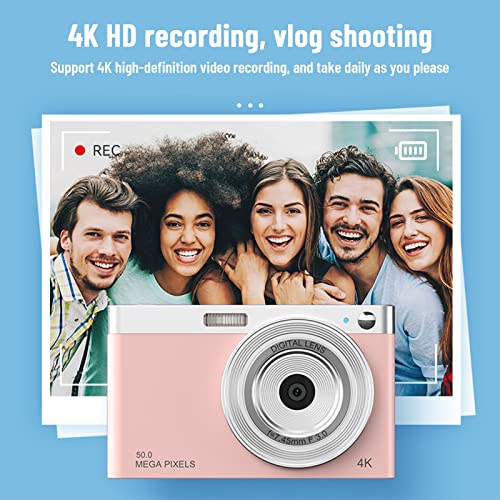 Portable Digital Camera for Photography, 50 Million Pixels Vlogging Camera, 1080P Camera with 2.88'' IPS Screen, 16X Zoom Compact Portable Mini Rechargeable, Gifts for Students Teens Adults (Pink)