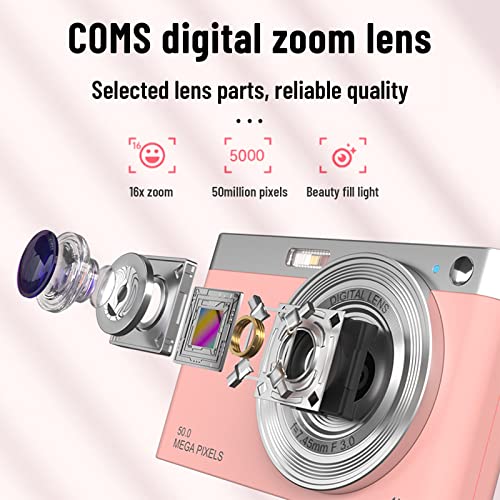 Portable Digital Camera for Photography, 50 Million Pixels Vlogging Camera, 1080P Camera with 2.88'' IPS Screen, 16X Zoom Compact Portable Mini Rechargeable, Gifts for Students Teens Adults (Pink)