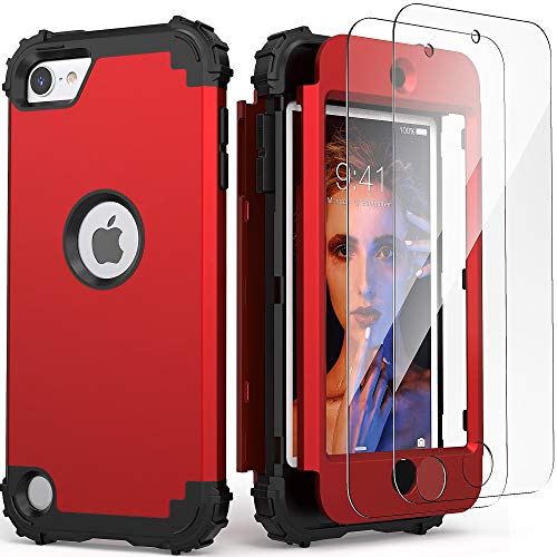 iPod Touch 7th Generation Case with 2 Screen Protectors, IDweel Hybrid 3 in 1 Shockproof Slim Heavy Duty Hard PC Cover Soft Silicone Rugged Bumper Full Body Case for iPod Touch 5/6/7th Gen, Red