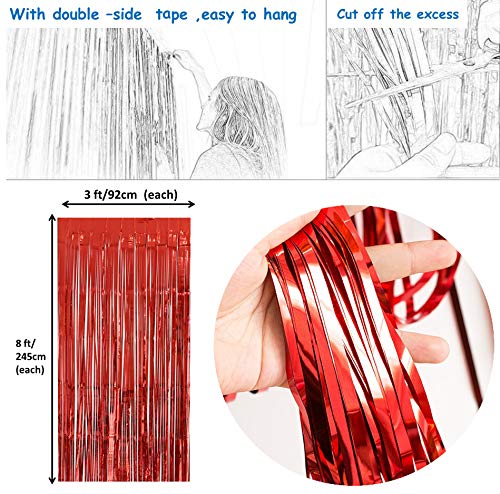 Moohome 2 Pack 3ft x 8ft Red Foil Curtains Metallic Tinsel Fringe Curtains Shimmer Door Window Curtain Backdrop for Birthday Wedding Bridal Shower Photo Booth Party Decorations