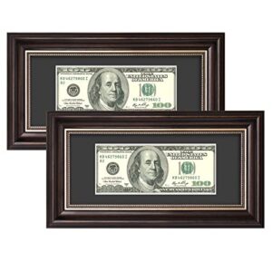 auear, dollar bill frame with black mat or 4×9 business license holder without mat, easel stand/wall mount, tempered glass (dark brown with black mat, 2-pack)
