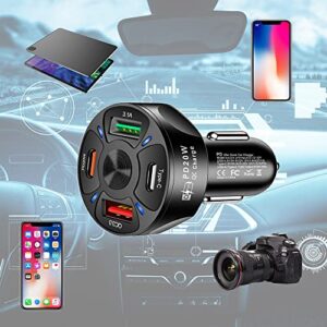 4 Port Car Charger USB C Adapter with LED Light,Quick Charge with Type C/PD 20W/QC 3.0 Fast Charging Car Cigarette Lighter Adapter for iPhone 14 13 12 S22 S21 S20 iPad Pro& More Car (Black)