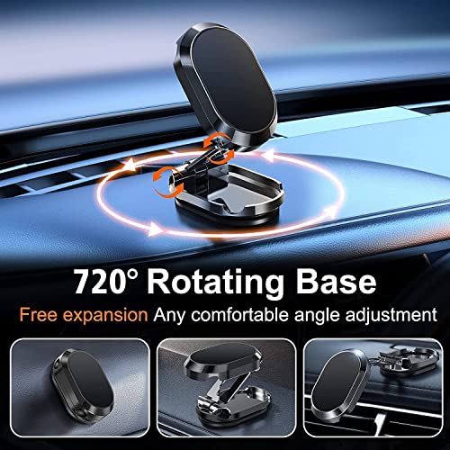 2023 New Alloy Folding Magnetic Car Phone Holder, Metal Folding Phone Holder Stand Dashboard Folding Bracket Universal, 360° Rotation Magnetic Car Phone Holder with Stable, no Shaking (Black)