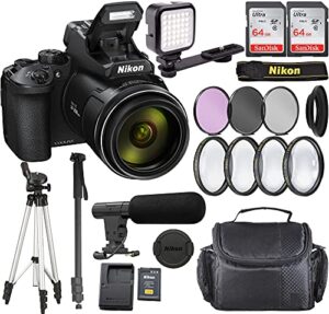 nikon intl. nikon coolpix p950 camera with advanced bundle, 26532 (microphone, led light, tripod, monopod, 2x64gb and more), black (renewed)