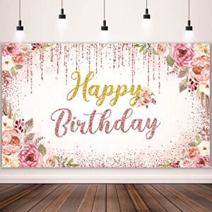 happy birthday backdrop decorations for women background party supplies rose backdrop photography for girls boys floral glitters banner wedding baby shower decor (rose gold)