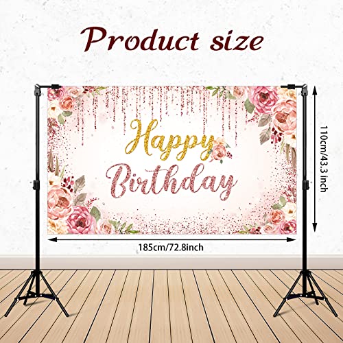 Happy Birthday Backdrop Decorations for Women Background Party Supplies Rose Backdrop Photography for Girls Boys Floral Glitters Banner Wedding Baby Shower Decor (Rose Gold)