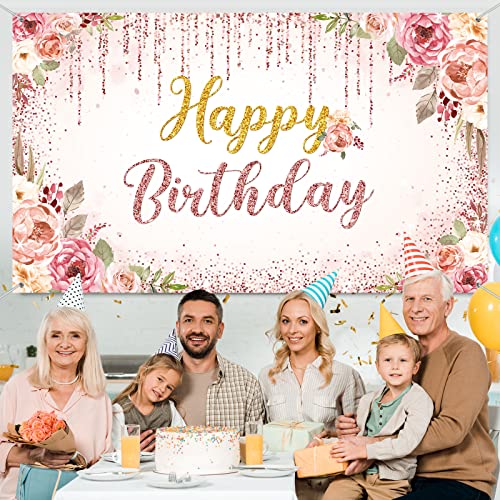 Happy Birthday Backdrop Decorations for Women Background Party Supplies Rose Backdrop Photography for Girls Boys Floral Glitters Banner Wedding Baby Shower Decor (Rose Gold)