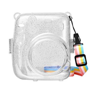 mosiso protective case compatible with fujifilm instax mini 11 instant camera, sparkly glitter hard shell camera case cover with adjustable rainbow shoulder strap, clear