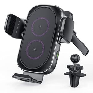 【dual coils & 2 vent mounts】 wireless car charger, casunit 15w dual coil fast charging auto-clamping car mount for iphone 14 13 12 pro max mini/samsung galaxy z flip 4 (black)