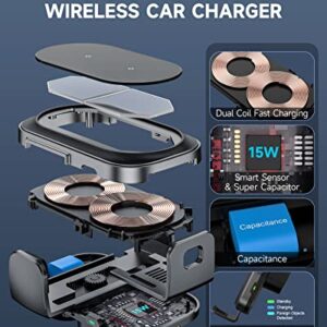 【Dual Coils & 2 Vent Mounts】 Wireless Car Charger, Casunit 15W Dual Coil Fast Charging Auto-Clamping Car Mount for iPhone 14 13 12 Pro Max Mini/Samsung Galaxy Z Flip 4 (Black)