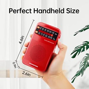 FUHONGYUAN AM FM Pocket Radio, Compact Portable Transistor Radios - Best Reception, Loud Speaker, Earphone Jack, Long Lasting, 2 AA Battery Operated (Red)