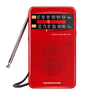 fuhongyuan am fm pocket radio, compact portable transistor radios – best reception, loud speaker, earphone jack, long lasting, 2 aa battery operated (red)