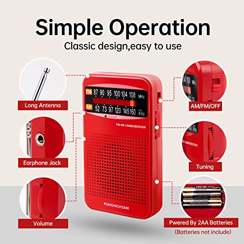 FUHONGYUAN AM FM Pocket Radio, Compact Portable Transistor Radios - Best Reception, Loud Speaker, Earphone Jack, Long Lasting, 2 AA Battery Operated (Red)
