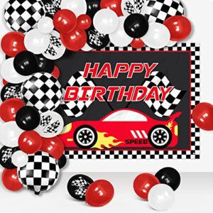 vansolinne race car birthday decorations party supplies passionate red racing backdrop banner and balloon garland kit, 83pcs race car checkered flags cross the finish line background photo props