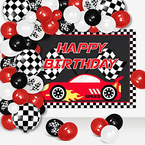 Vansolinne Race Car Birthday Decorations Party Supplies Passionate Red Racing Backdrop Banner and Balloon Garland Kit, 83pcs Race Car Checkered Flags Cross the Finish Line Background Photo Props