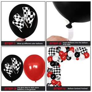 Vansolinne Race Car Birthday Decorations Party Supplies Passionate Red Racing Backdrop Banner and Balloon Garland Kit, 83pcs Race Car Checkered Flags Cross the Finish Line Background Photo Props