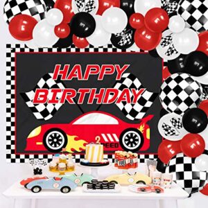 Vansolinne Race Car Birthday Decorations Party Supplies Passionate Red Racing Backdrop Banner and Balloon Garland Kit, 83pcs Race Car Checkered Flags Cross the Finish Line Background Photo Props