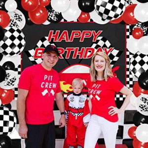 Vansolinne Race Car Birthday Decorations Party Supplies Passionate Red Racing Backdrop Banner and Balloon Garland Kit, 83pcs Race Car Checkered Flags Cross the Finish Line Background Photo Props