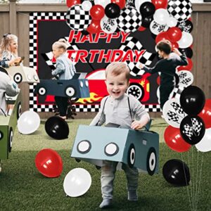 Vansolinne Race Car Birthday Decorations Party Supplies Passionate Red Racing Backdrop Banner and Balloon Garland Kit, 83pcs Race Car Checkered Flags Cross the Finish Line Background Photo Props