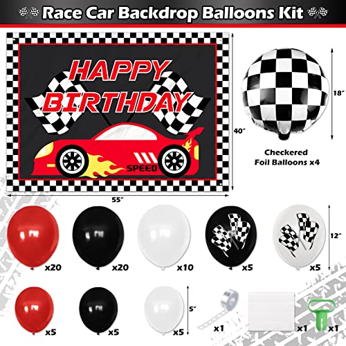 Vansolinne Race Car Birthday Decorations Party Supplies Passionate Red Racing Backdrop Banner and Balloon Garland Kit, 83pcs Race Car Checkered Flags Cross the Finish Line Background Photo Props