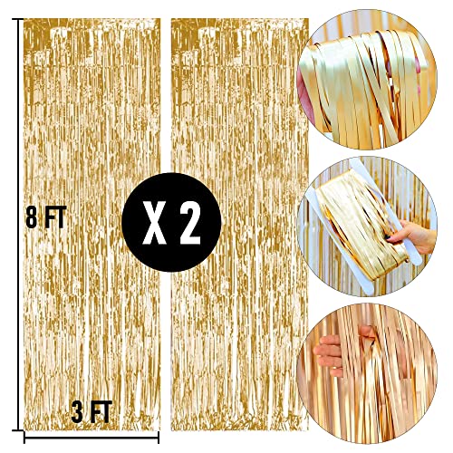 Dazzle Bright Backdrop Curtain, 3FT x 8FT Metallic Tinsel Foil Fringe Curtains Photo Booth Background for Baby Shower Party Birthday Wedding Engagement Bridal Shower (2, Champagne Gold)