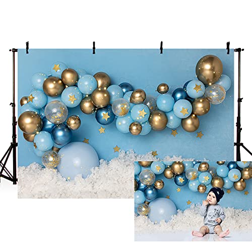 MEHOFOND 7x5ft Boy Birthday Photography Background for Newborn Kids Portrait Decorations Blue and Gold Balloons Stars Boy 1st Bday Party Backdrop Photoshoot Studio Booth Props for Cake Smash