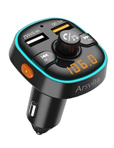 arsvita bluetooth fm transmitter for car, radio receiver / audio adapter with dual car charger, support qc3.0 quick charging, hands-free calling and hi-fi sound playback, black