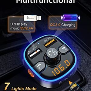 Arsvita Bluetooth FM Transmitter for Car, Radio Receiver / Audio Adapter with Dual Car Charger, Support QC3.0 Quick Charging, Hands-Free Calling and Hi-Fi Sound Playback, Black
