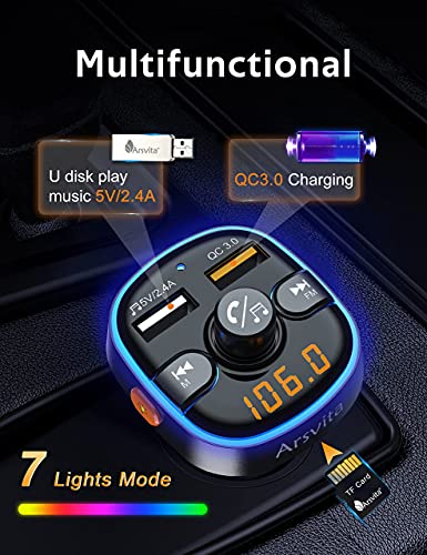 Arsvita Bluetooth FM Transmitter for Car, Radio Receiver / Audio Adapter with Dual Car Charger, Support QC3.0 Quick Charging, Hands-Free Calling and Hi-Fi Sound Playback, Black