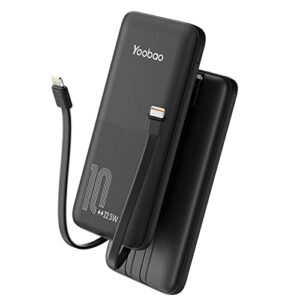 yoobao portable charger with built-in cables, pd 20w fast charging usb c power bank with 4 outputs, 10000mah ultra slim external battery pack for iphone/ipad/samsung/tablet & more – 1 pack (black)