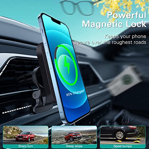 ZC GEL Magnetic Wireless Car Charger, Fast Charging and Strong Stable Air Vent Phone Holder Compatible with Magsafe iPhone 14/13/12 Series Phones Magnetic Car Mount with Double Cooling Holes, Black