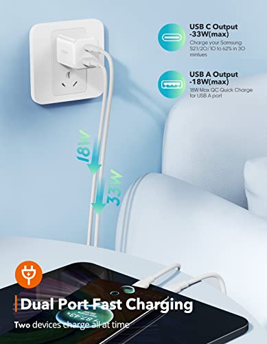 THREEKEY USB C Wall Charger,33W Dual USB Port Charger Block,Type C Charger Fast Charging Power Adapter Compatible with iPhone 14/13/12/X,Samsung S21/S20/Note 20/10/9/8,Sony,Moto,iPad,MacBook, White