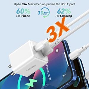 THREEKEY USB C Wall Charger,33W Dual USB Port Charger Block,Type C Charger Fast Charging Power Adapter Compatible with iPhone 14/13/12/X,Samsung S21/S20/Note 20/10/9/8,Sony,Moto,iPad,MacBook, White