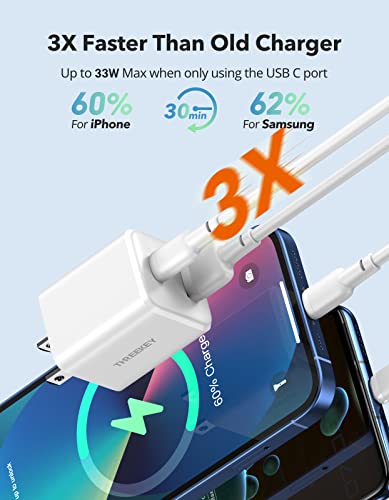 THREEKEY USB C Wall Charger,33W Dual USB Port Charger Block,Type C Charger Fast Charging Power Adapter Compatible with iPhone 14/13/12/X,Samsung S21/S20/Note 20/10/9/8,Sony,Moto,iPad,MacBook, White