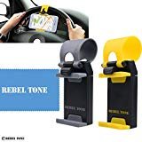 universal phone holder for car steering wheels – 2 pack – strong non slip connector – auto fit – for iphone 7, 6, 6s, samsung galaxy s7, s6, etc. – with rebel tone cleaning cloth and retail pack
