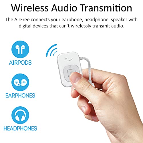 iLuv AirFree Bluetooth Wireless Stereo Audio Transmitter Adapter with 3.5mm Cable; Ideal for Airplane Flight, Nintendo Switch, Gym Treadmill, TV; Compatible with BT Earbud, Earphone, Headphone, AirPod