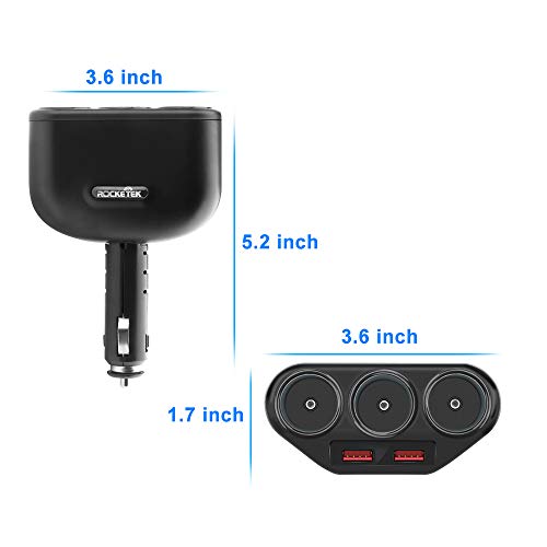 Rocketek 3-Socket 2-Port USB Quick Charge 3.0 Car Charger Splitter Adapter,120W 12V/24V DC Outlet Multi Socket Car Cigarette Lighter Splitter QC3.0 Dual Car Charger Power Outlet Splitter Extender