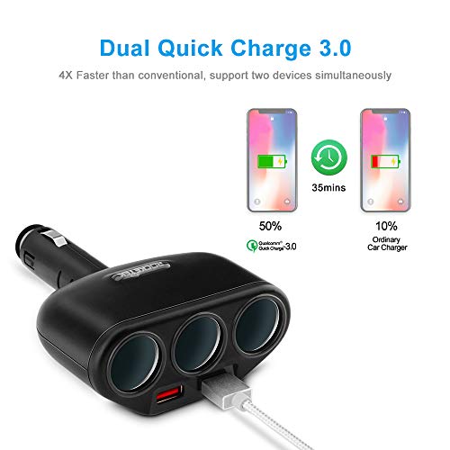 Rocketek 3-Socket 2-Port USB Quick Charge 3.0 Car Charger Splitter Adapter,120W 12V/24V DC Outlet Multi Socket Car Cigarette Lighter Splitter QC3.0 Dual Car Charger Power Outlet Splitter Extender