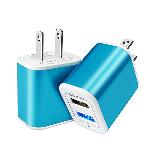 USB Plug in Wall Charger, Charging Block, 2Pack AILKIN 2.1A Fast Charge Dual Port Power Adapter Cube Box Brick Base Compatible with Phone, Pad, LG, Honor, Samsung, Kindle Fire, Blue, All USB - Blue