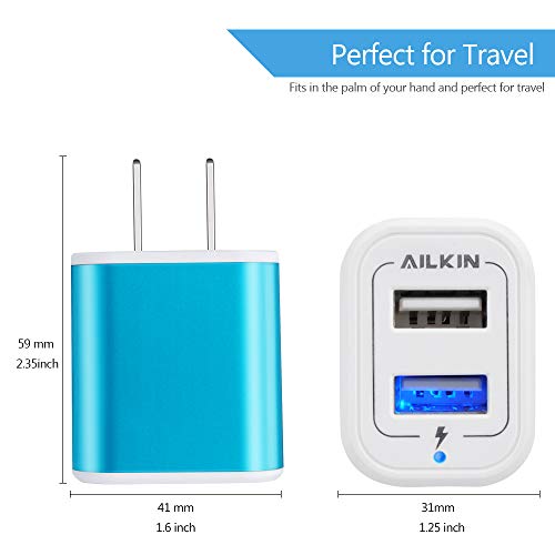 USB Plug in Wall Charger, Charging Block, 2Pack AILKIN 2.1A Fast Charge Dual Port Power Adapter Cube Box Brick Base Compatible with Phone, Pad, LG, Honor, Samsung, Kindle Fire, Blue, All USB - Blue