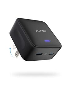 35w dual usb-c port compact power adapter, alfox pd 3.0 gan pps type c fast charging block with foldable plug and led indicator for iphone 14 iphone 13 pro max samsung macbook pro air ipad black
