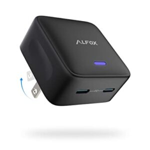 35W Dual USB-C Port Compact Power Adapter, Alfox PD 3.0 GaN PPS Type C Fast Charging Block with Foldable Plug and LED Indicator for iPhone 14 iPhone 13 Pro Max Samsung MacBook Pro Air iPad Black