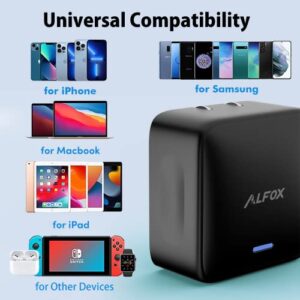 35W Dual USB-C Port Compact Power Adapter, Alfox PD 3.0 GaN PPS Type C Fast Charging Block with Foldable Plug and LED Indicator for iPhone 14 iPhone 13 Pro Max Samsung MacBook Pro Air iPad Black