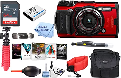 Olympus Tough TG-6 Waterproof Camera (Red) - Adventure Bundle - with Extra Batterie + Float Strap + Sandisk 64GB Ultra Memory Card + Padded Case + Flex Tripod + Photo Software Suite + More